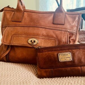 Fossil Tan Leather Satchel and Wallet Set